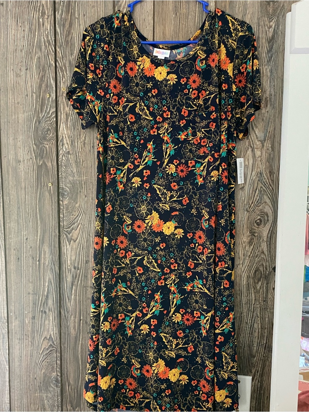 LuLaRoe Black Midi Dress with Orange, Yellow & Teal Floral Print